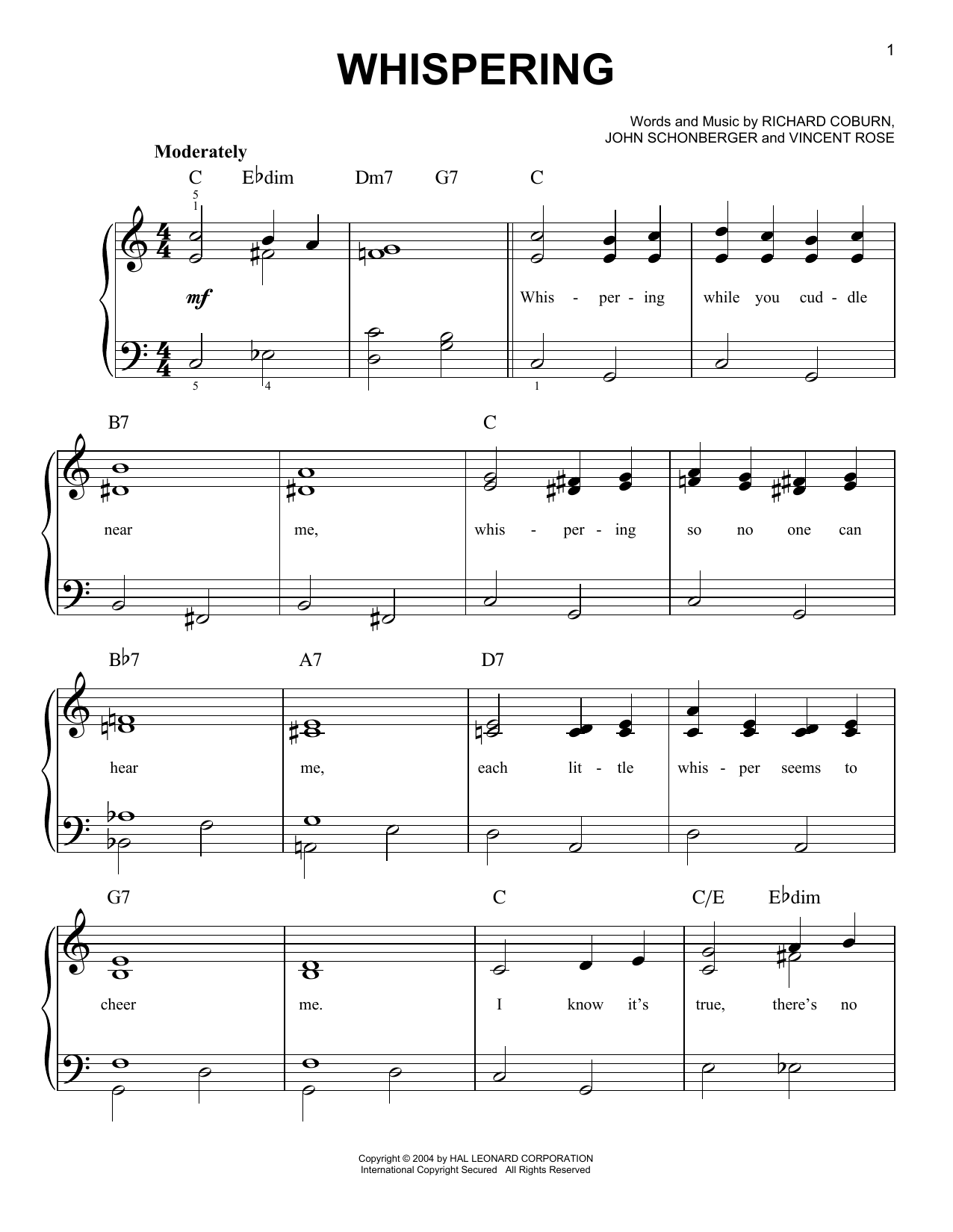 Benny Goodman Whispering Sheet Music Notes & Chords for Easy Piano - Download or Print PDF