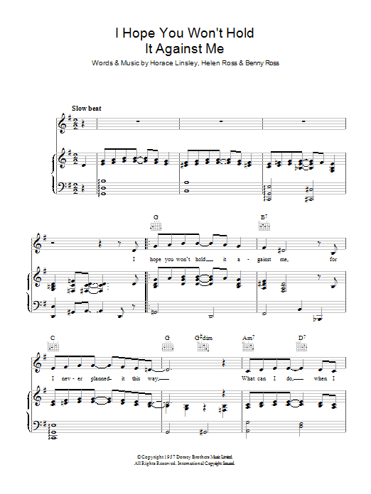 Benny Ross I Hope You Won't Hold It Against Me Sheet Music Notes & Chords for Piano, Vocal & Guitar (Right-Hand Melody) - Download or Print PDF