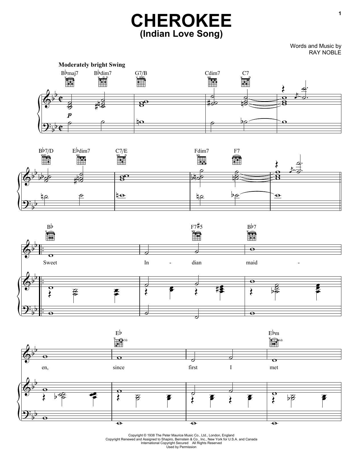 Benny Sextet Goodman Cherokee (Indian Love Song) Sheet Music Notes & Chords for Piano, Vocal & Guitar (Right-Hand Melody) - Download or Print PDF