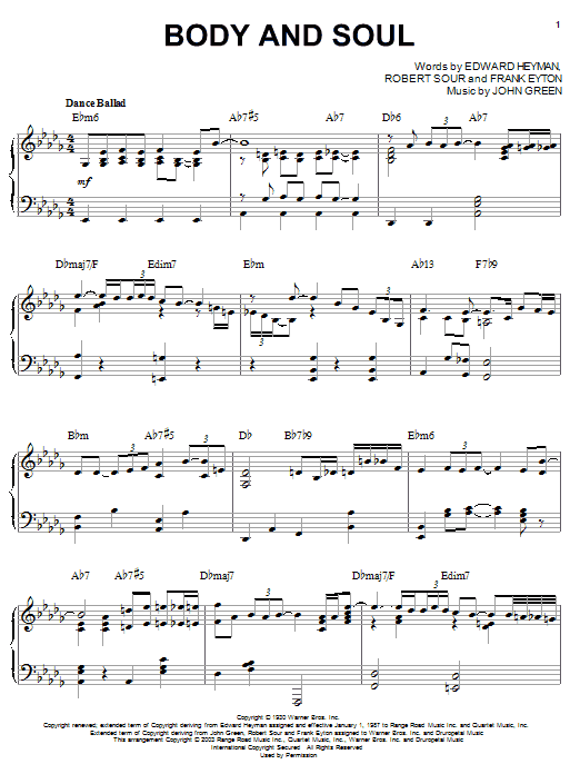 Preview Benny Goodman Body And Soul Jazz sheet music, notes and chords for Piano, SKU: 22603 Body And Soul sheet music