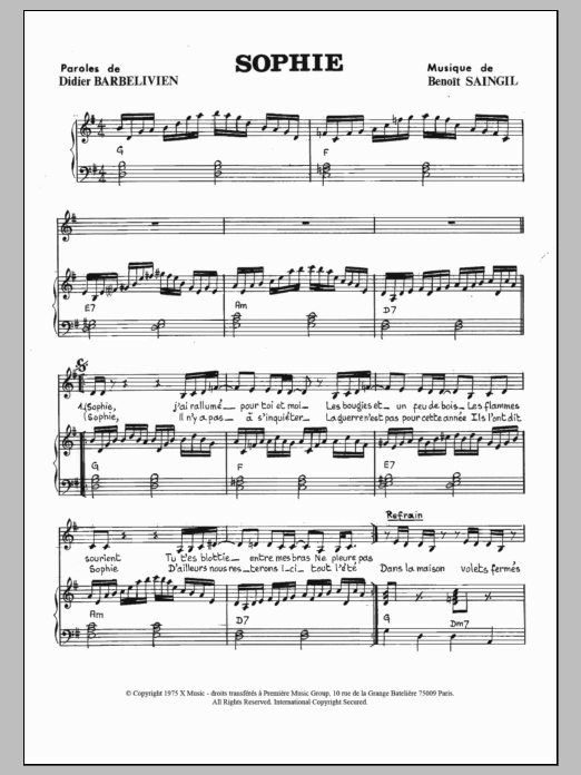 Benoit Saingil Sophie Sheet Music Notes & Chords for Piano & Vocal - Download or Print PDF