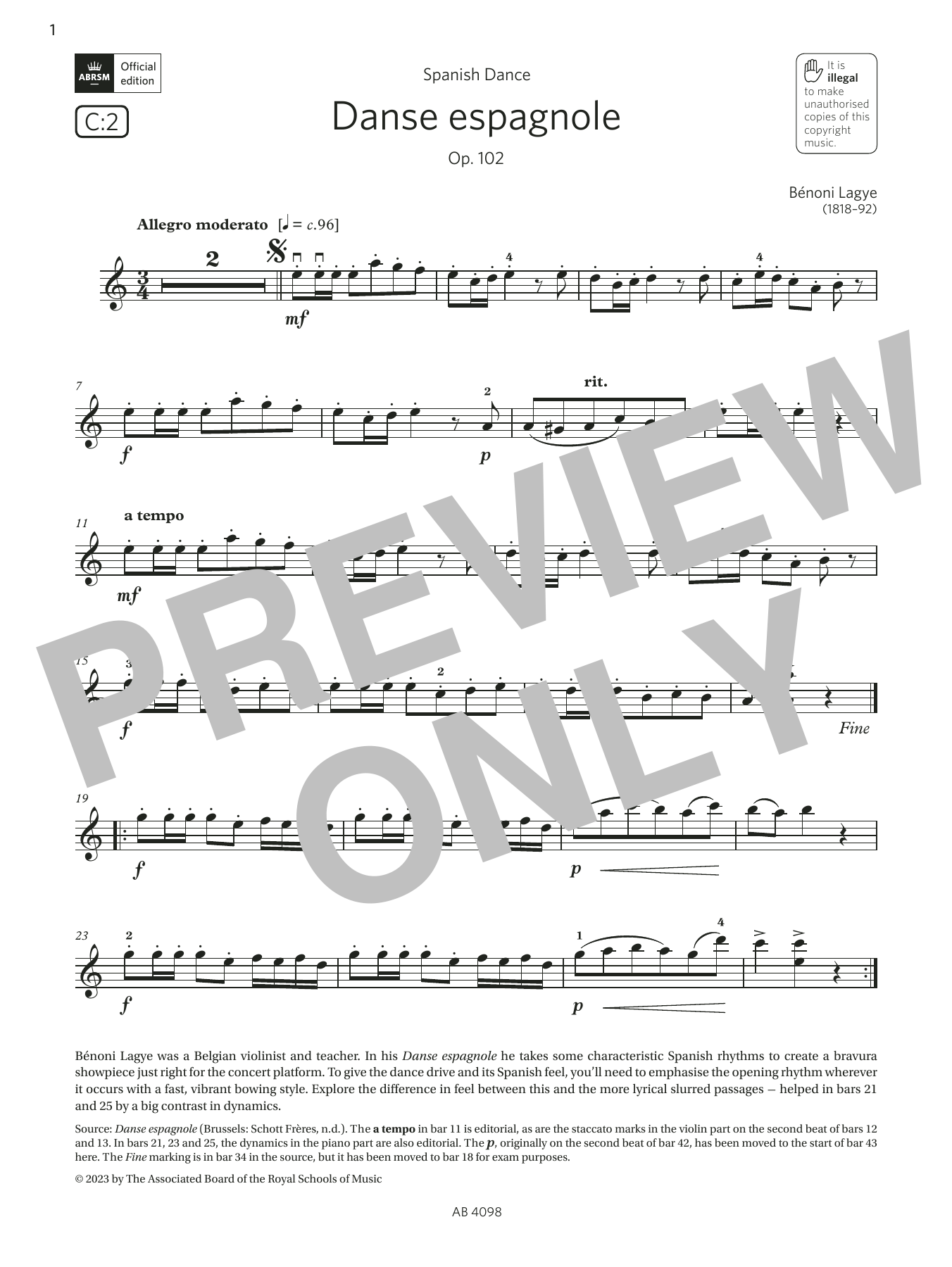 Bénoni Lagye Danse espagnole, Op. 102 (Grade 4, C2, from the ABRSM Violin Syllabus from 2024) Sheet Music Notes & Chords for Violin Solo - Download or Print PDF