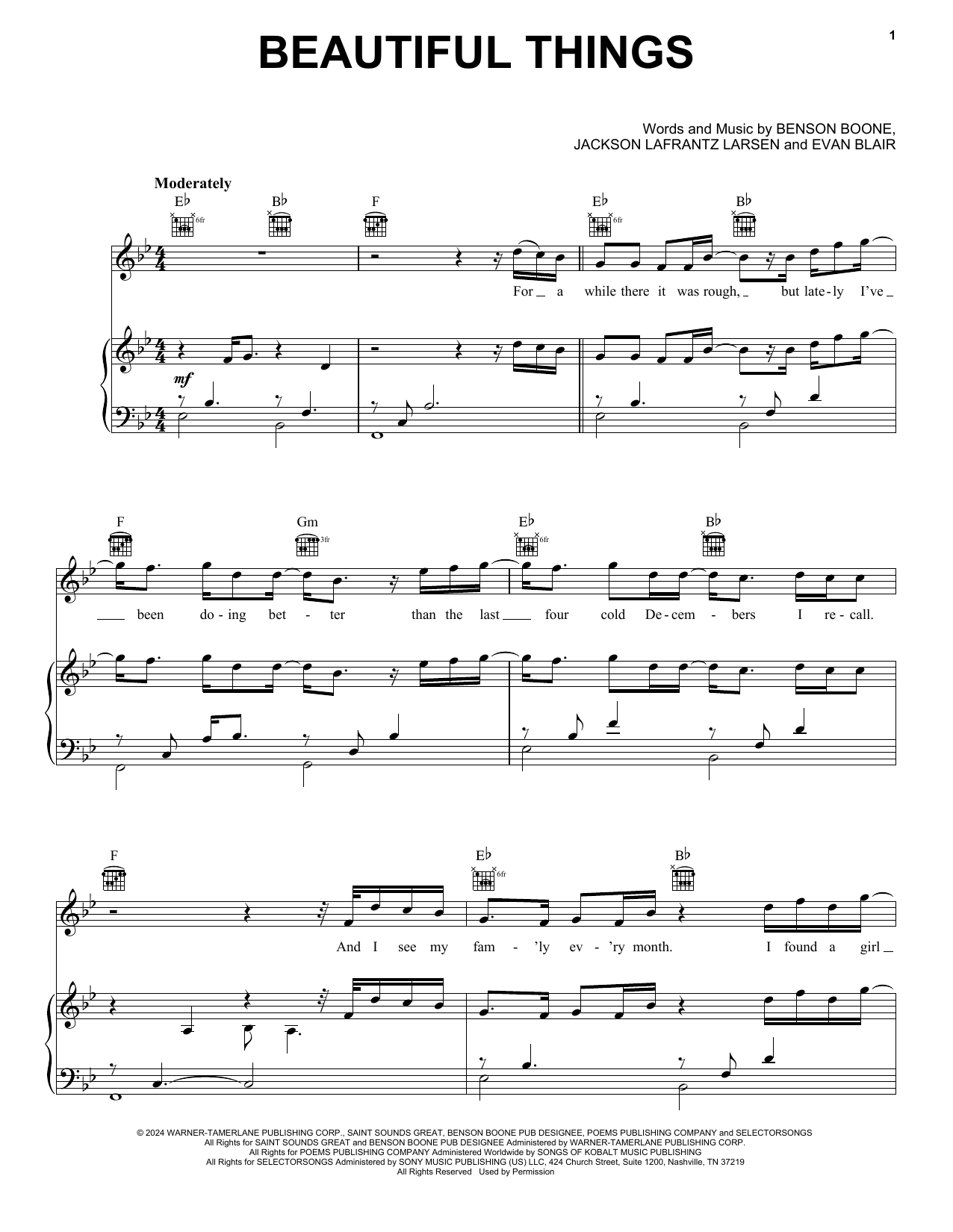 Benson Boone Beautiful Things Sheet Music Notes & Chords for Piano, Vocal & Guitar Chords (Right-Hand Melody) - Download or Print PDF