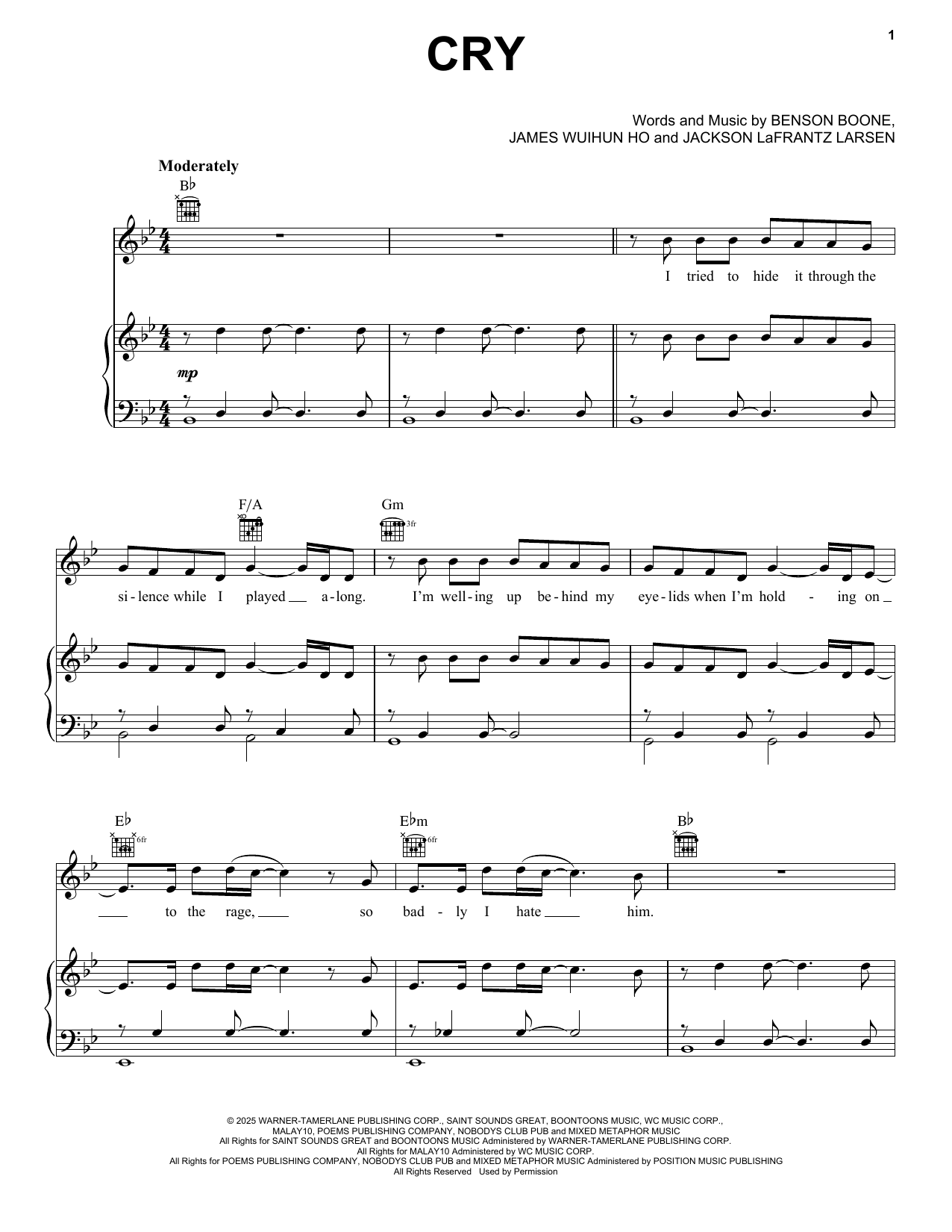Benson Boone Cry Sheet Music Notes & Chords for Piano, Vocal & Guitar Chords (Right-Hand Melody) - Download or Print PDF