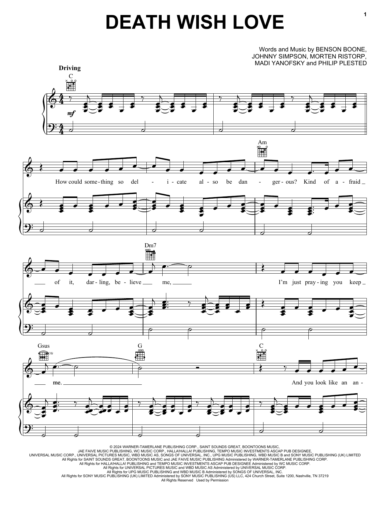 Benson Boone Death Wish Love (from Twisters) Sheet Music Notes & Chords for Piano, Vocal & Guitar Chords (Right-Hand Melody) - Download or Print PDF