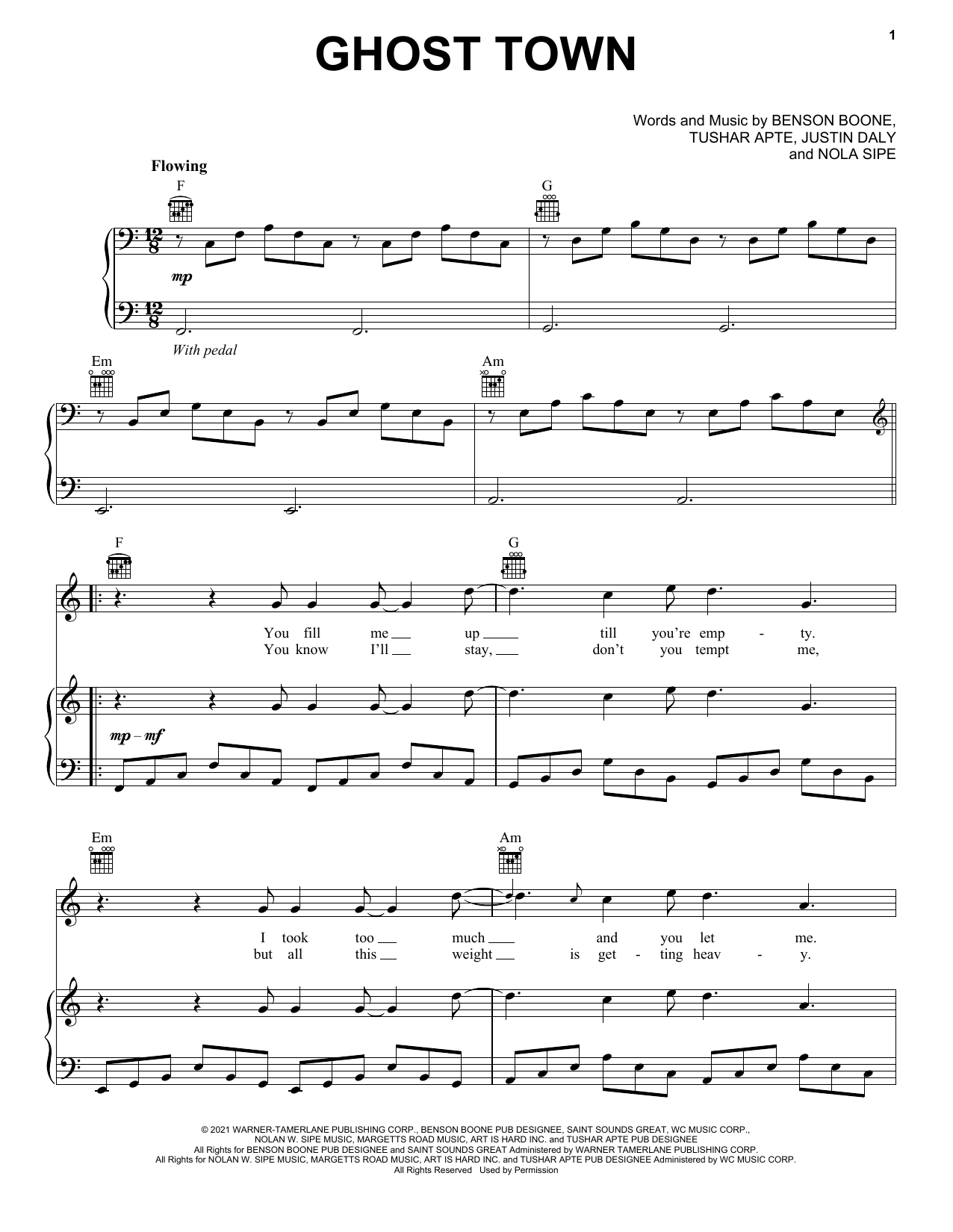 Benson Boone Ghost Town Sheet Music Notes & Chords for Piano, Vocal & Guitar Chords (Right-Hand Melody) - Download or Print PDF