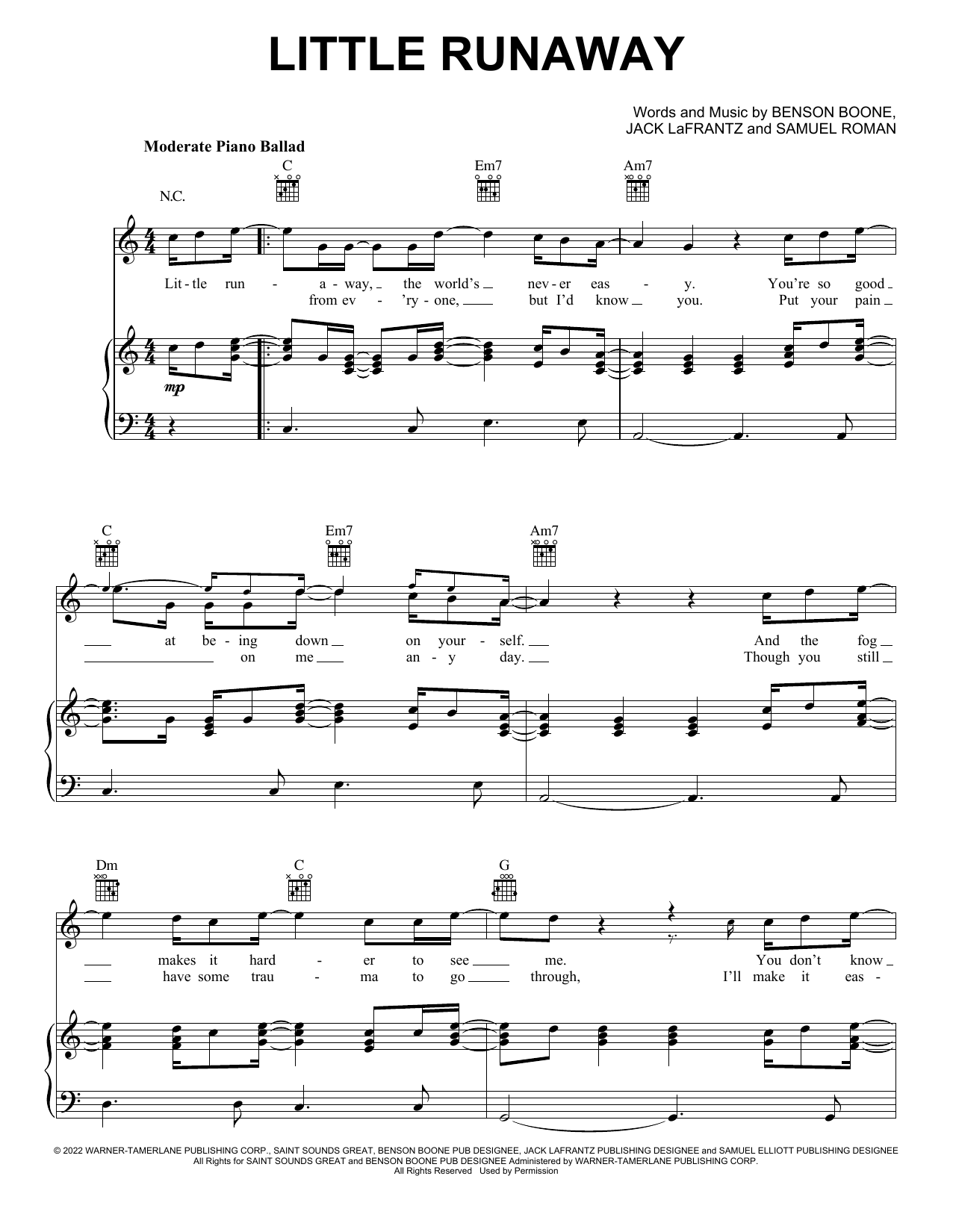 Benson Boone Little Runaway Sheet Music Notes & Chords for Piano, Vocal & Guitar Chords (Right-Hand Melody) - Download or Print PDF