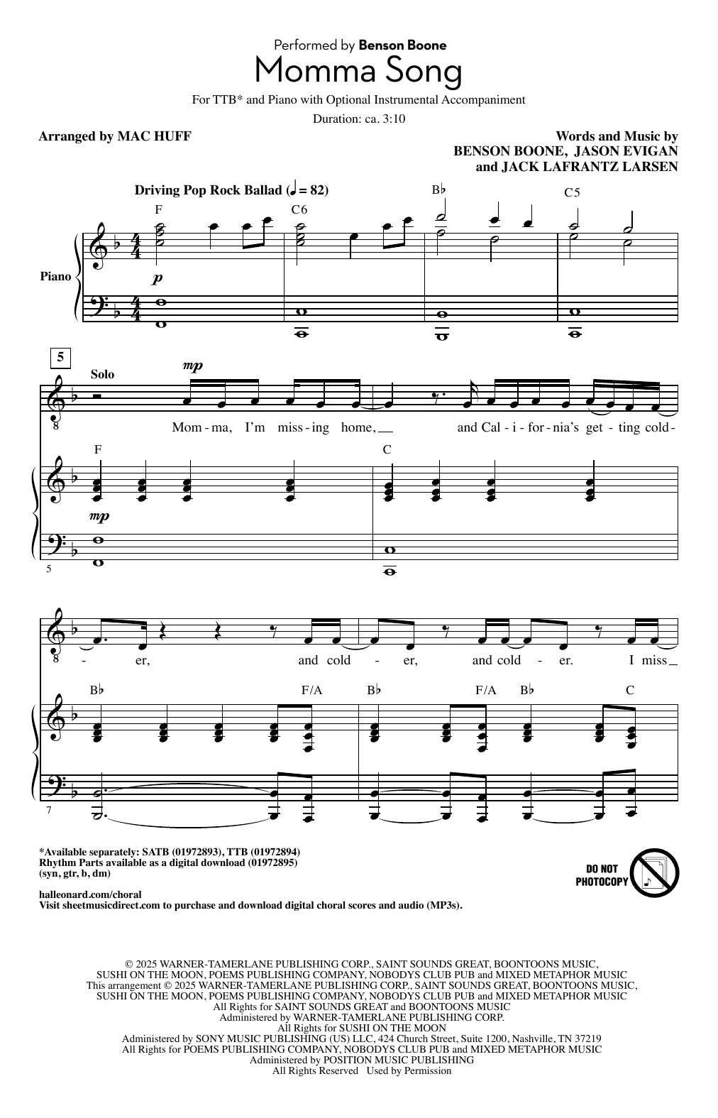 Benson Boone Momma Song (arr. Mac Huff) Sheet Music Notes & Chords for Choir - Download or Print PDF