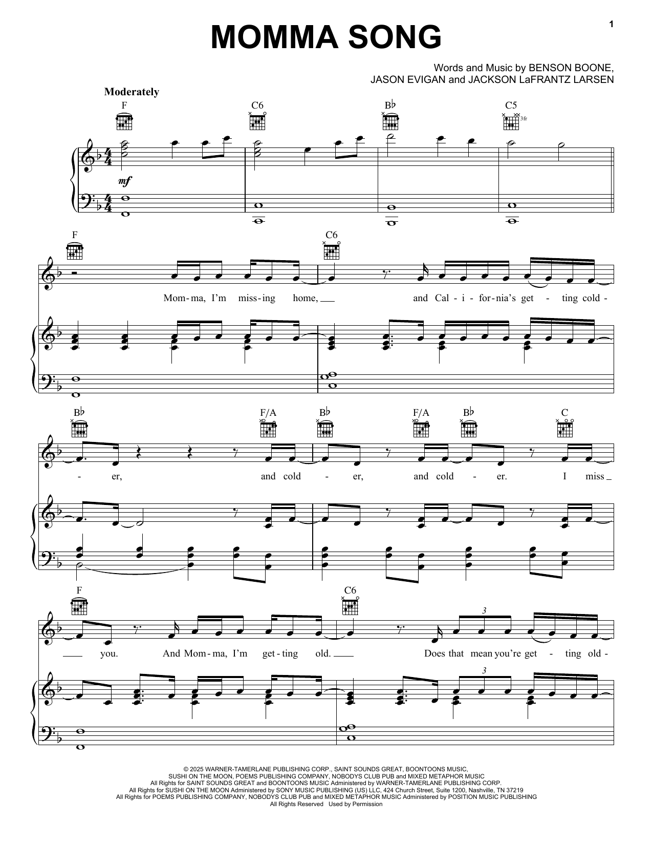 Benson Boone Momma Song Sheet Music Notes & Chords for Piano, Vocal & Guitar Chords (Right-Hand Melody) - Download or Print PDF