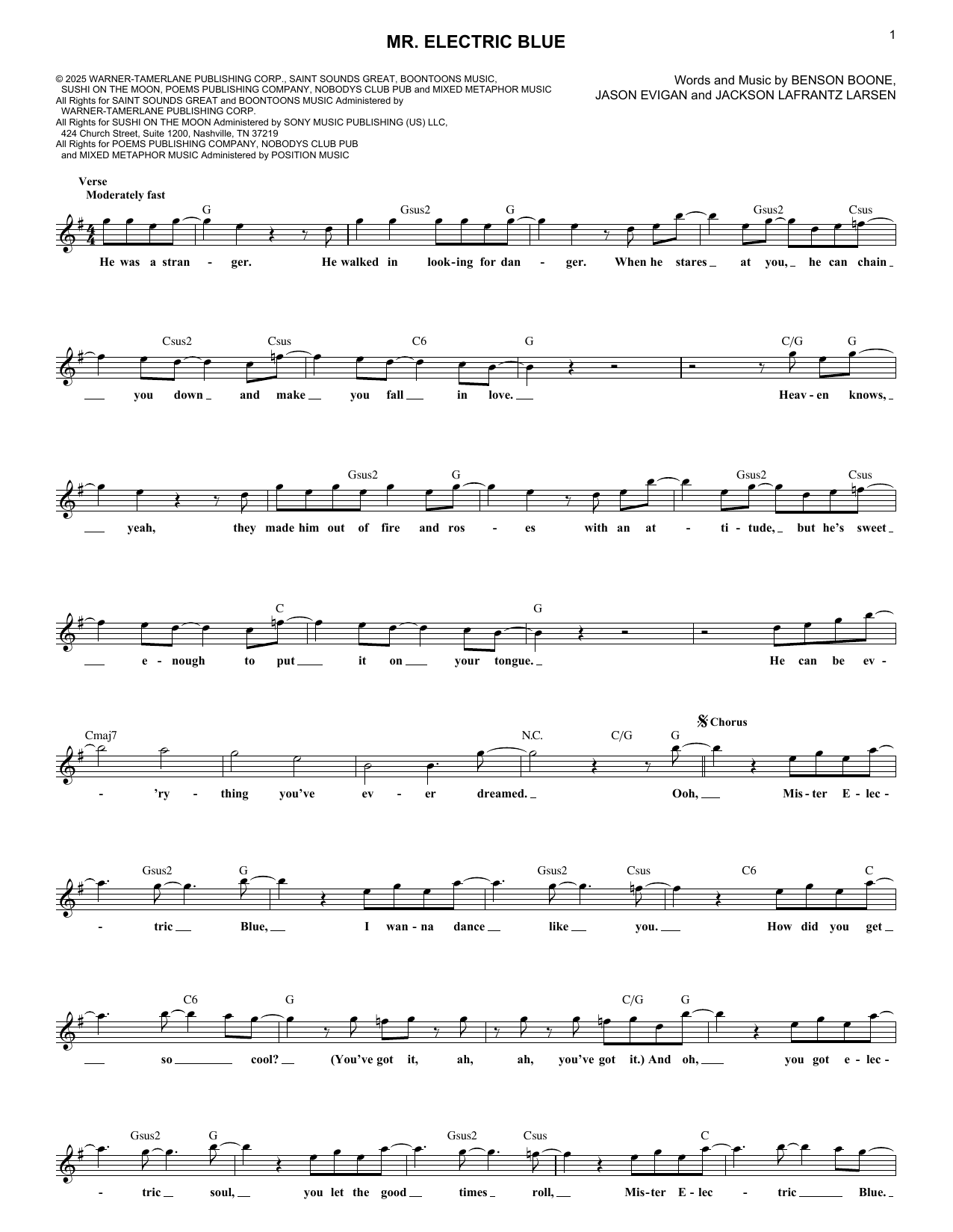 Benson Boone Mr. Electric Blue Sheet Music Notes & Chords for Lead Sheet / Fake Book - Download or Print PDF