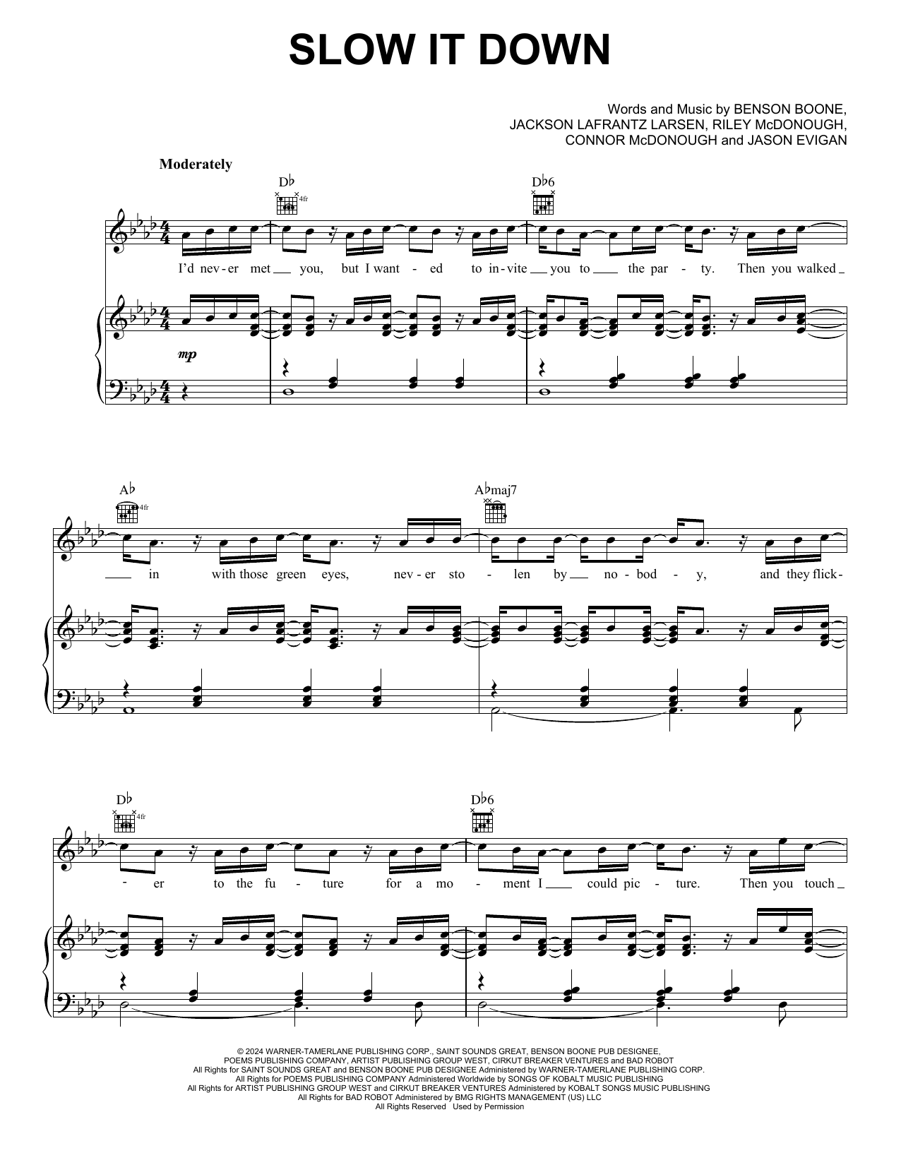 Benson Boone Slow It Down Sheet Music Notes & Chords for Piano, Vocal & Guitar Chords (Right-Hand Melody) - Download or Print PDF