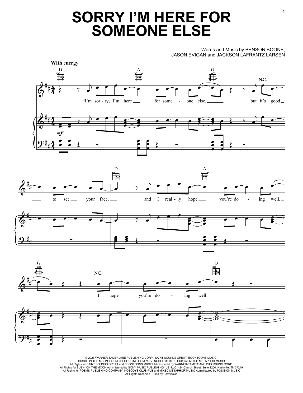 Benson Boone Sorry I'm Here For Someone Else Sheet Music Notes & Chords for Piano, Vocal & Guitar Chords (Right-Hand Melody) - Download or Print PDF Benson Boone Sorry I'm Here For Someone Else Sheet Music Notes & Chords for Piano, Vocal & Guitar Chords (Right-Hand Melody) - Download or Print PDF