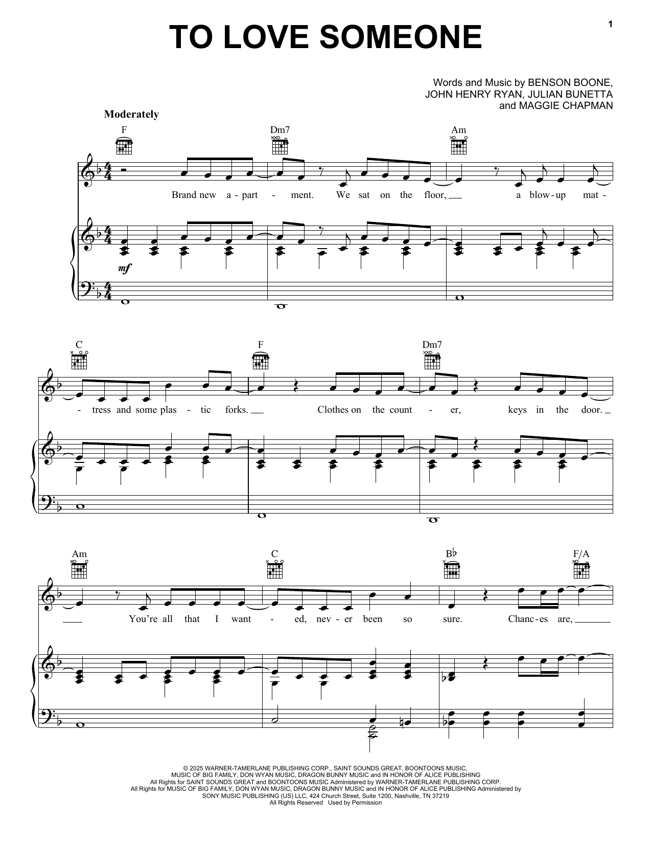 Benson Boone To Love Someone Sheet Music Notes & Chords for Piano, Vocal & Guitar Chords (Right-Hand Melody) - Download or Print PDF