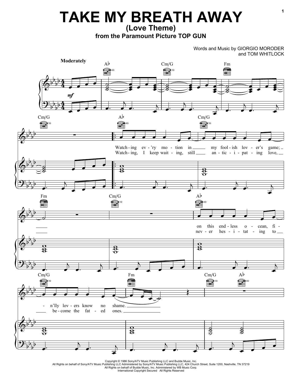 Berlin Take My Breath Away (Love Theme) (from Top Gun) Sheet Music Notes & Chords for Vocal Pro + Piano/Guitar - Download or Print PDF