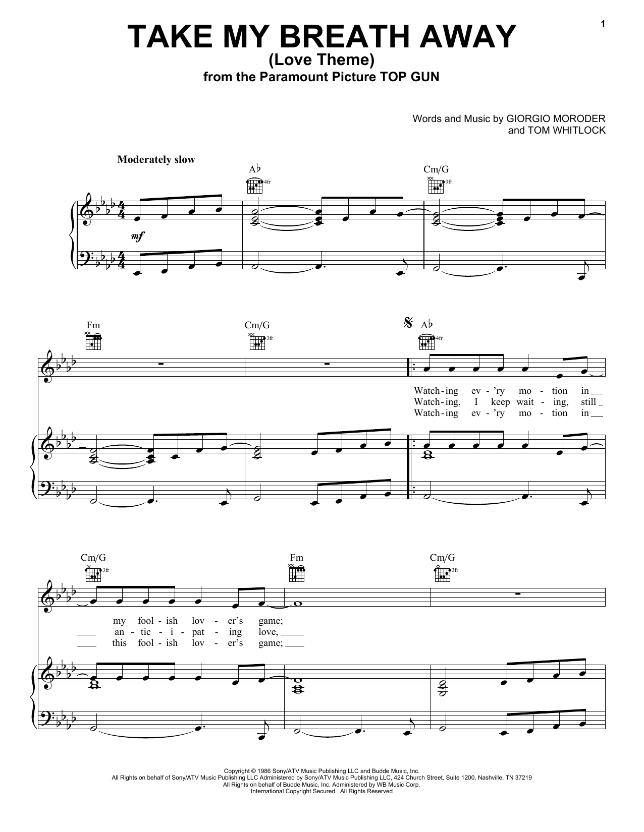 Berlin Take My Breath Away (Love Theme) Sheet Music Notes & Chords for Piano, Vocal & Guitar (Right-Hand Melody) - Download or Print PDF