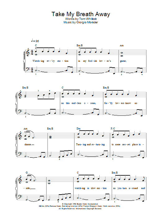 Berlin Take My Breath Away Sheet Music Notes & Chords for Alto Saxophone - Download or Print PDF
