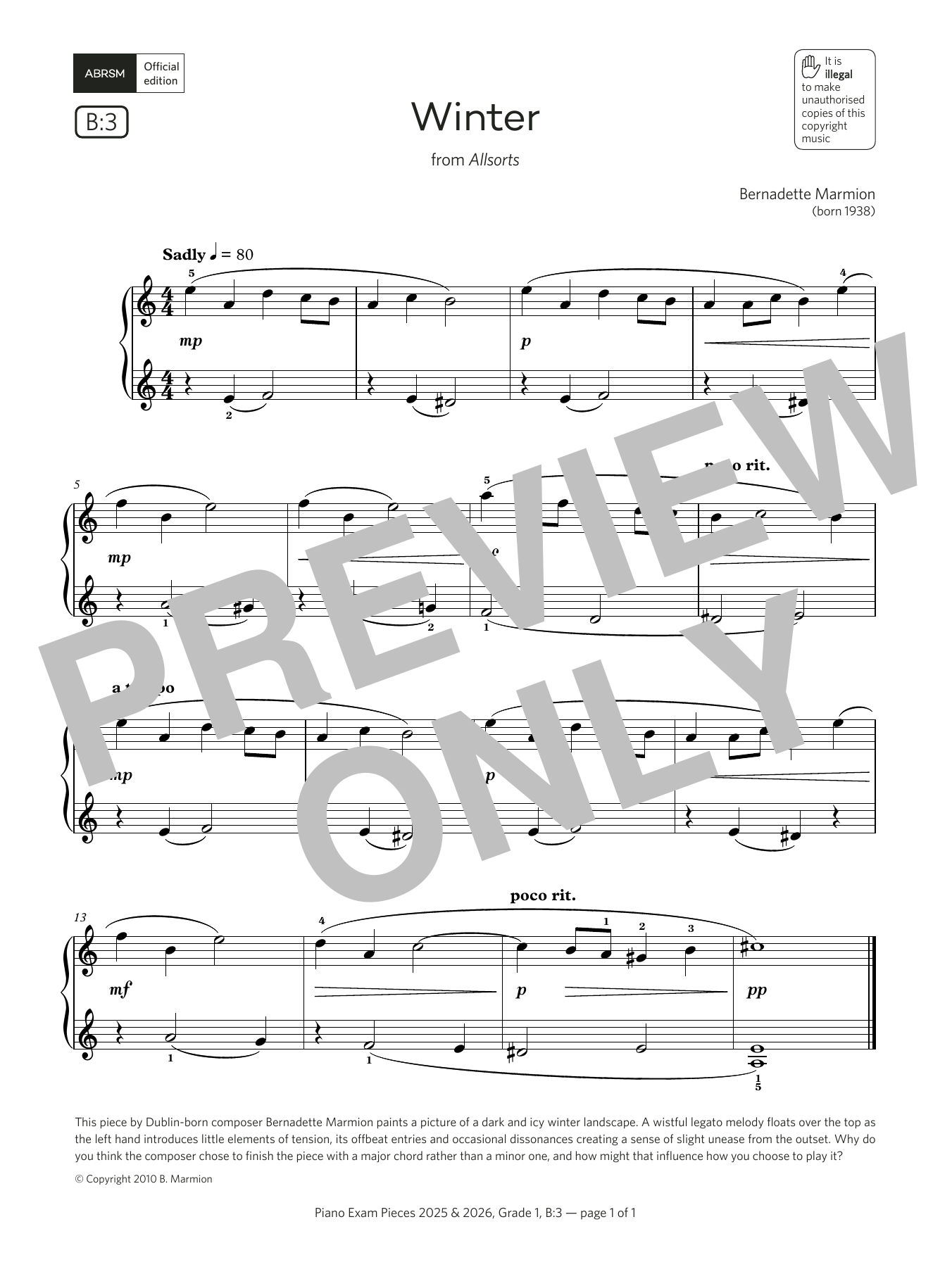 Bernadette Marmion Winter (Grade 1, list B3, from the ABRSM Piano Syllabus 2025 & 2026) Sheet Music Notes & Chords for Piano Solo - Download or Print PDF