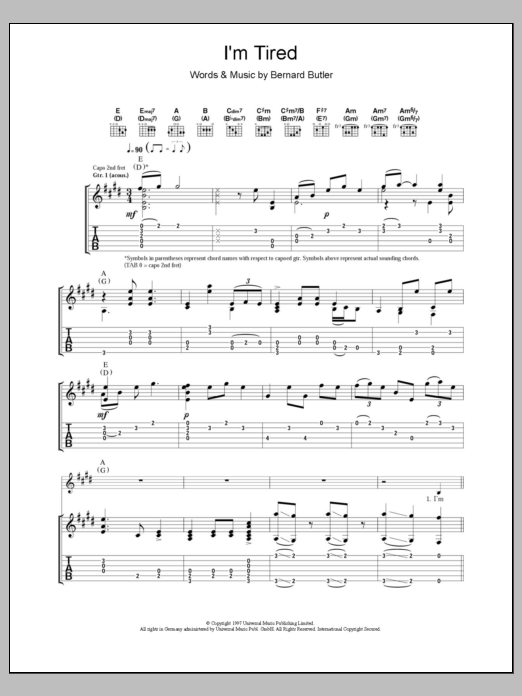 Bernard Butler I'm Tired Sheet Music Notes & Chords for Guitar Tab - Download or Print PDF