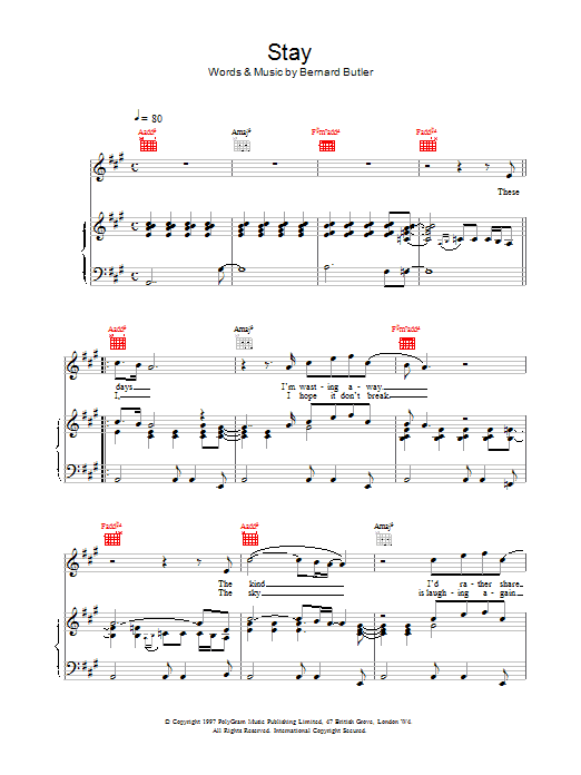 Bernard Butler Stay Sheet Music Notes & Chords for Piano, Vocal & Guitar (Right-Hand Melody) - Download or Print PDF