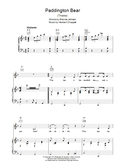 Bernard Cribbins Paddington Bear Sheet Music Notes & Chords for Piano, Vocal & Guitar (Right-Hand Melody) - Download or Print PDF
