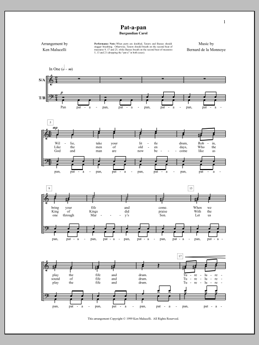 Bernard de la Monnoye Pat-a-Pan Sheet Music Notes & Chords for Choral - Download or Print PDF