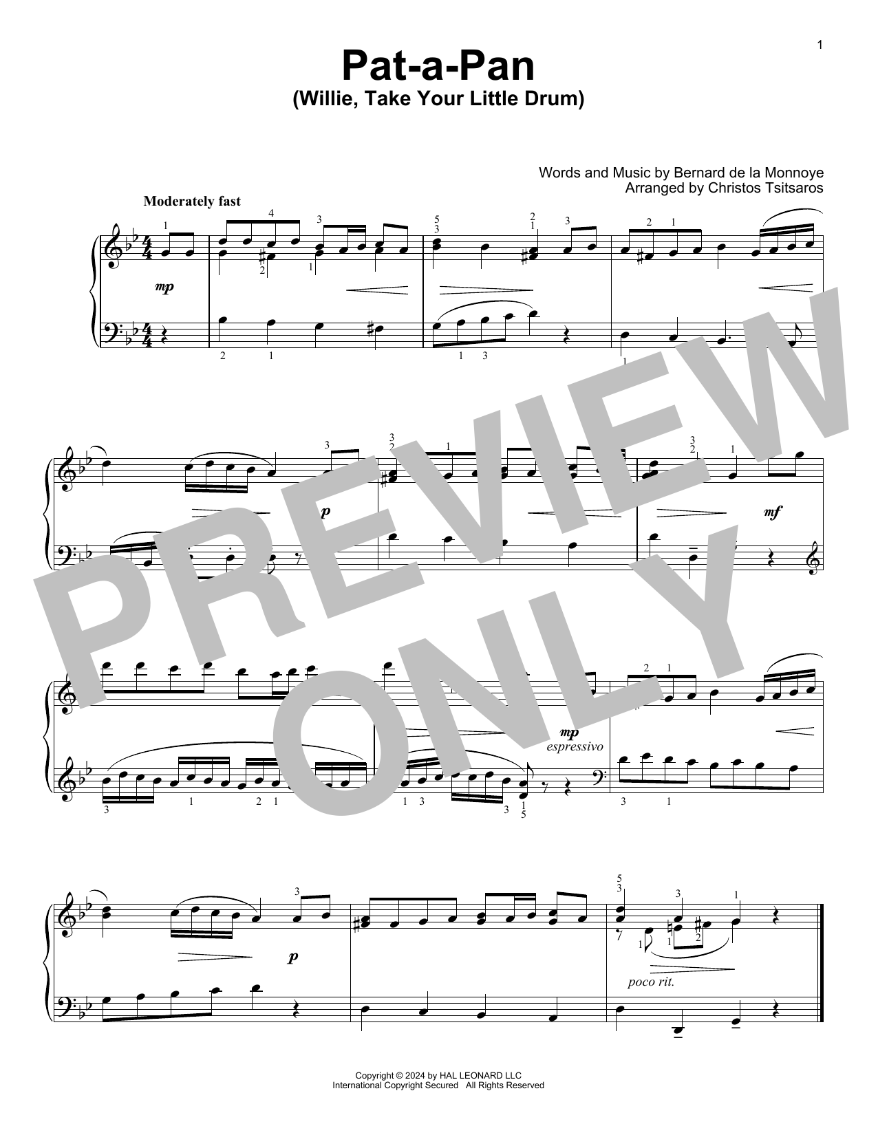 Bernard de la Monnoye Pat-A-Pan (Willie, Take Your Little Drum) (arr. Christos Tsitsaros) Sheet Music Notes & Chords for Easy Piano Solo - Download or Print PDF