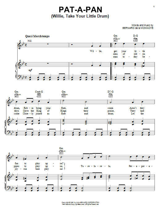 Bernard de la Monnoye Pat-A-Pan (Willie, Take Your Little Drum) Sheet Music Notes & Chords for Piano, Vocal & Guitar Chords (Right-Hand Melody) - Download or Print PDF