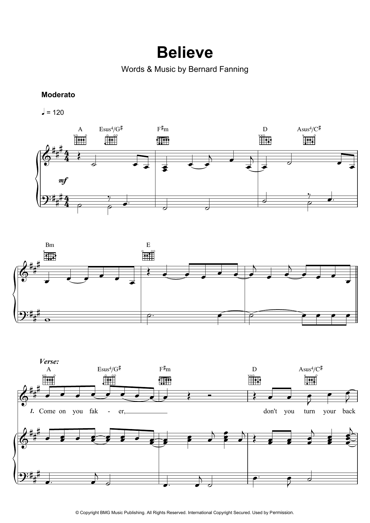 Bernard Fanning Believe Sheet Music Notes & Chords for Piano, Vocal & Guitar (Right-Hand Melody) - Download or Print PDF