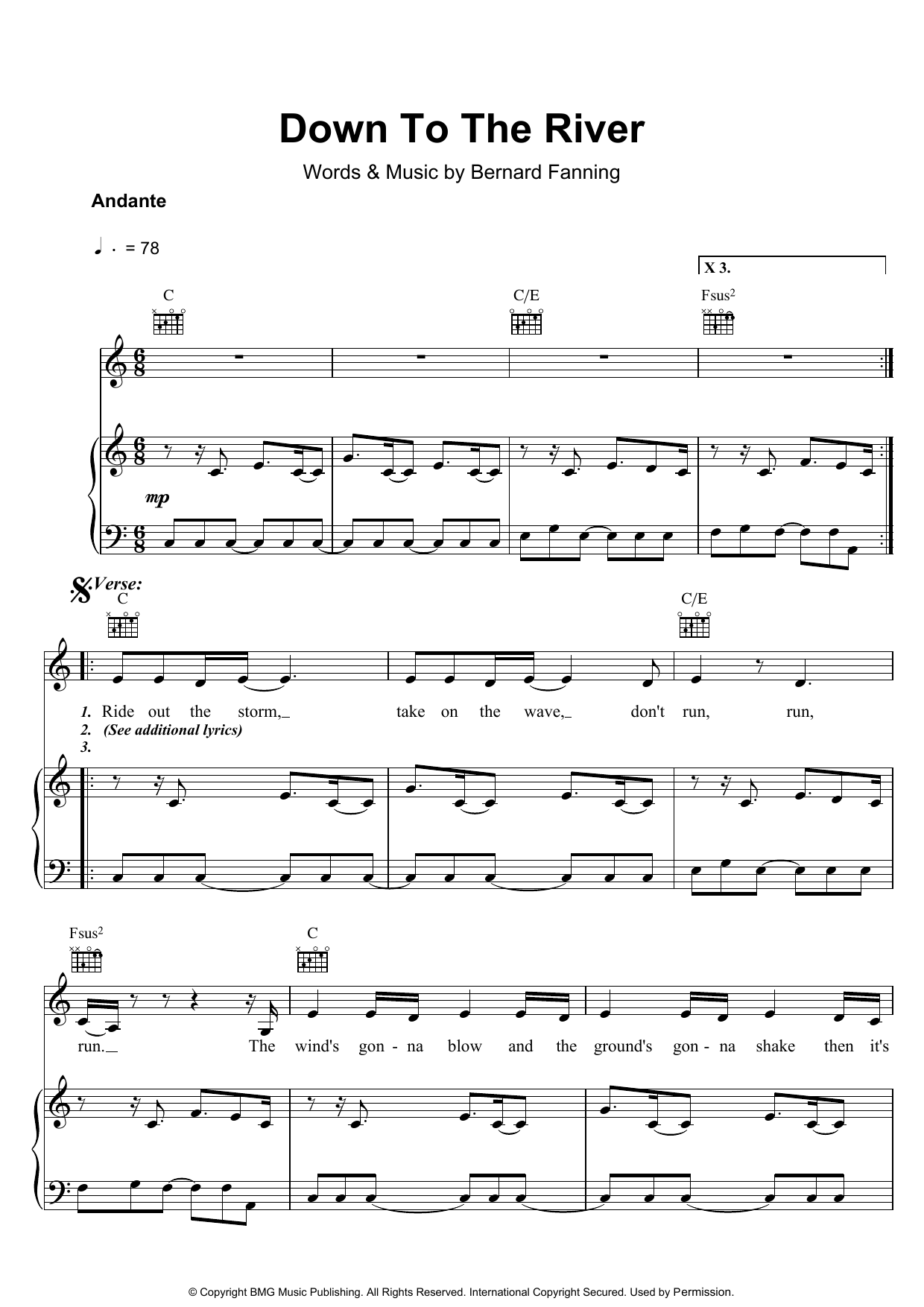 Bernard Fanning Down To The River Sheet Music Notes & Chords for Piano, Vocal & Guitar (Right-Hand Melody) - Download or Print PDF