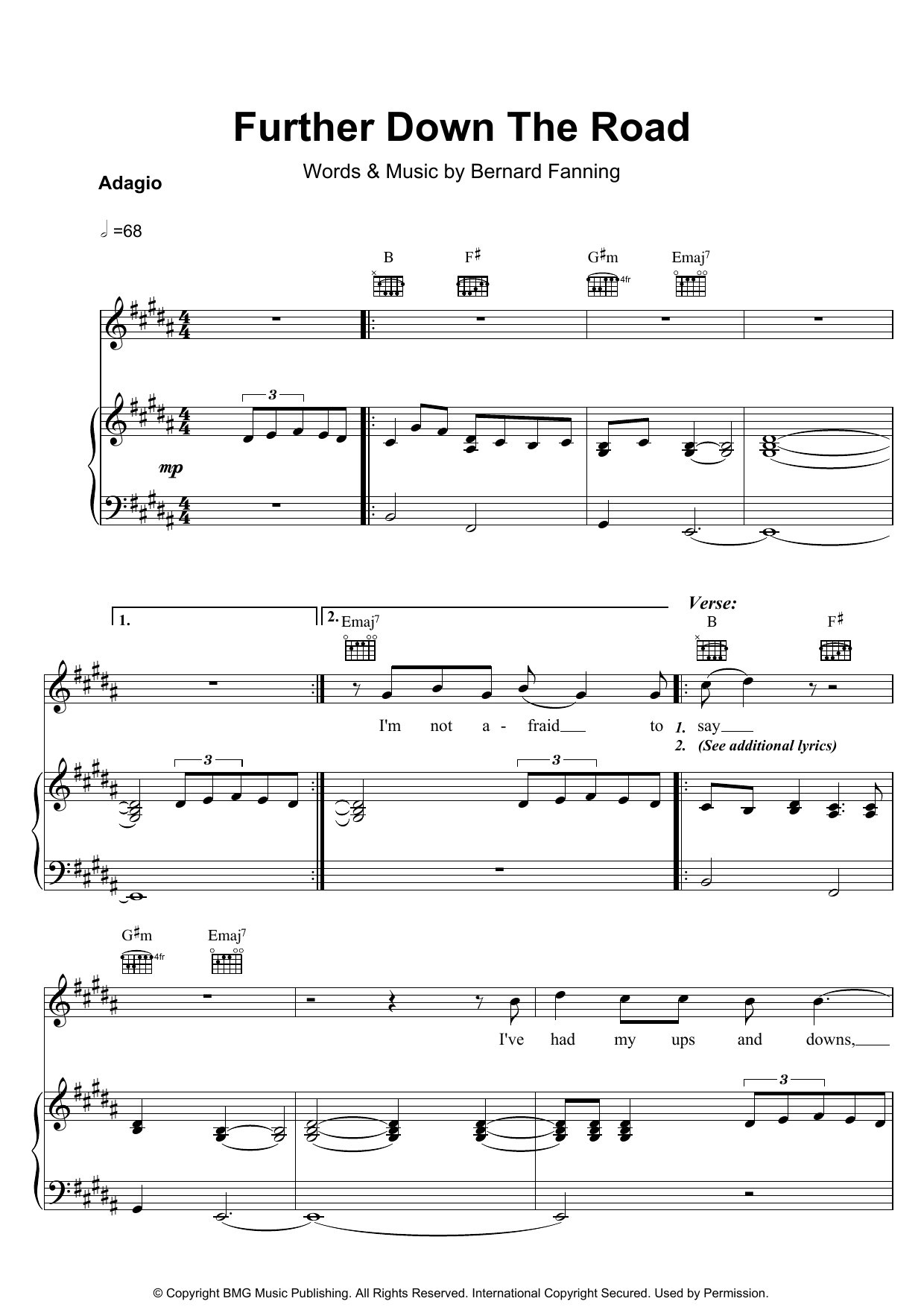 Bernard Fanning Further Down The Road Sheet Music Notes & Chords for Piano, Vocal & Guitar - Download or Print PDF