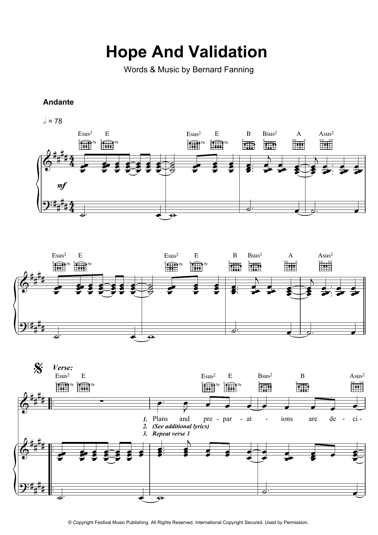 Bernard Fanning Hope And Validation Sheet Music Notes & Chords for Piano, Vocal & Guitar - Download or Print PDF