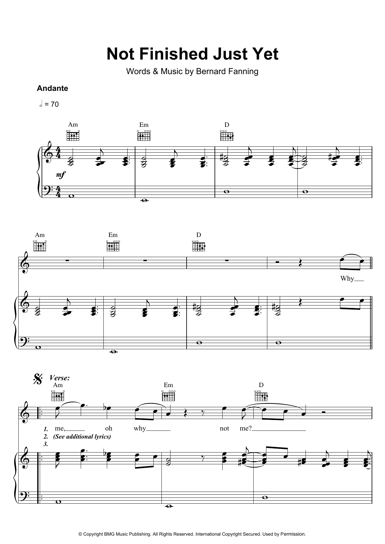 Bernard Fanning Not Finished Just Yet Sheet Music Notes & Chords for Piano, Vocal & Guitar (Right-Hand Melody) - Download or Print PDF
