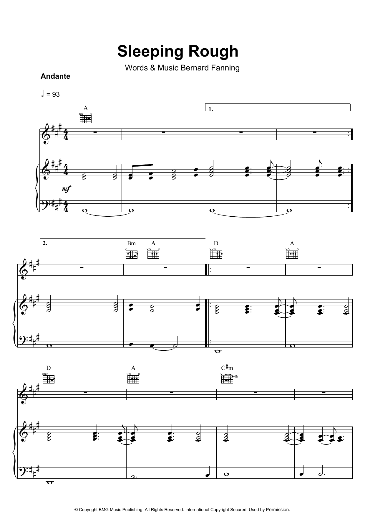 Bernard Fanning Sleeping Rough Sheet Music Notes & Chords for Piano, Vocal & Guitar (Right-Hand Melody) - Download or Print PDF