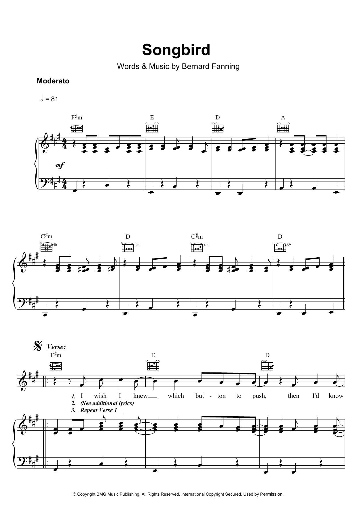 Bernard Fanning Songbird Sheet Music Notes & Chords for Piano, Vocal & Guitar (Right-Hand Melody) - Download or Print PDF