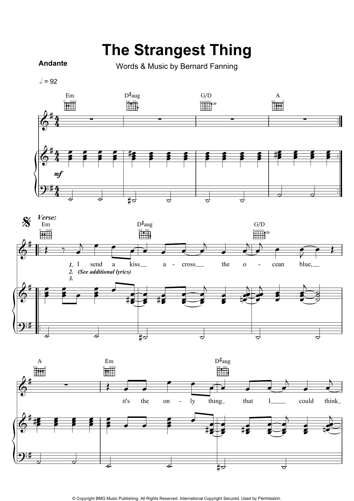 Bernard Fanning The Strangest Thing Sheet Music Notes & Chords for Piano, Vocal & Guitar (Right-Hand Melody) - Download or Print PDF