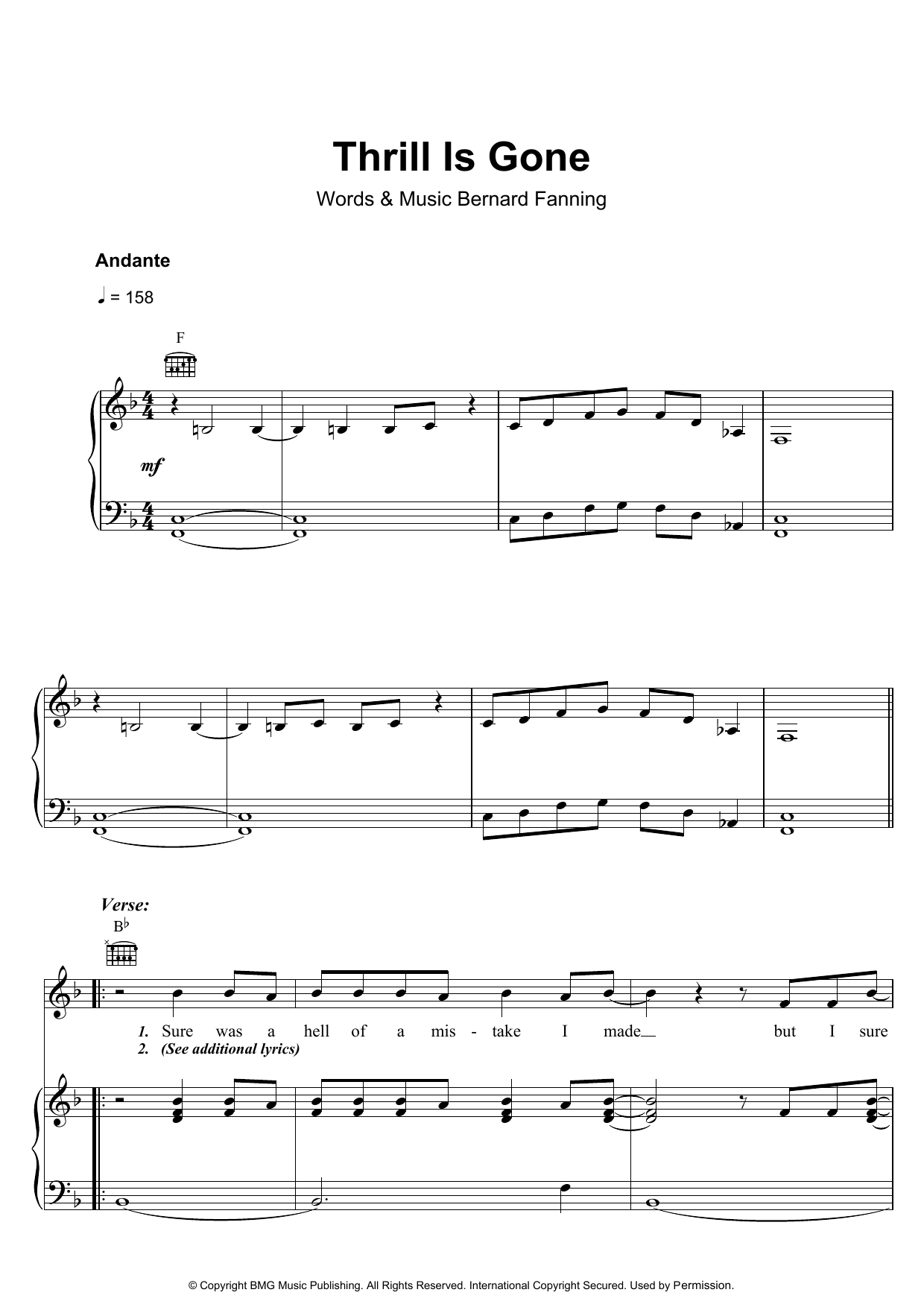 Bernard Fanning Thrill Is Gone Sheet Music Notes & Chords for Piano, Vocal & Guitar (Right-Hand Melody) - Download or Print PDF