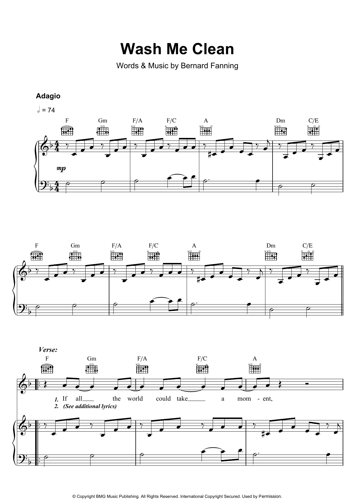 Bernard Fanning Wash Me Clean Sheet Music Notes & Chords for Piano, Vocal & Guitar - Download or Print PDF
