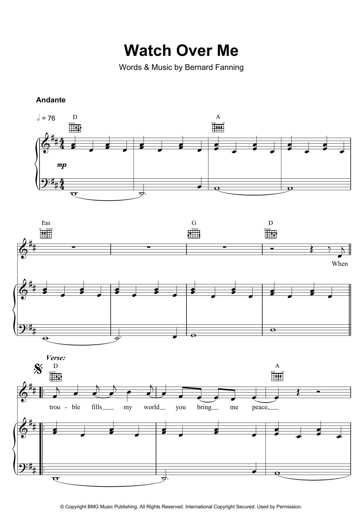 Bernard Fanning Watch Over Me Sheet Music Notes & Chords for Piano, Vocal & Guitar - Download or Print PDF