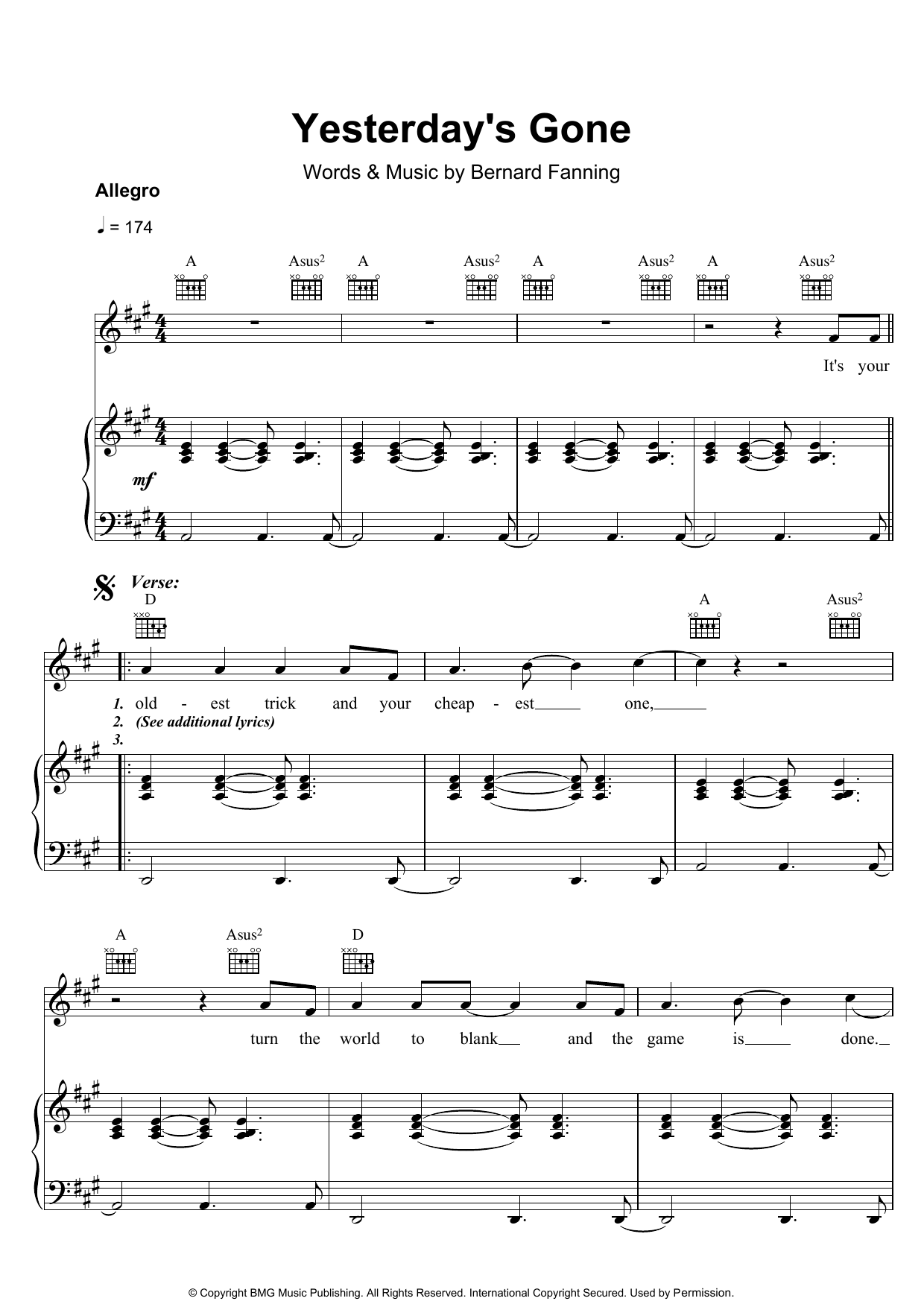 Bernard Fanning Yesterday's Gone Sheet Music Notes & Chords for Piano, Vocal & Guitar - Download or Print PDF