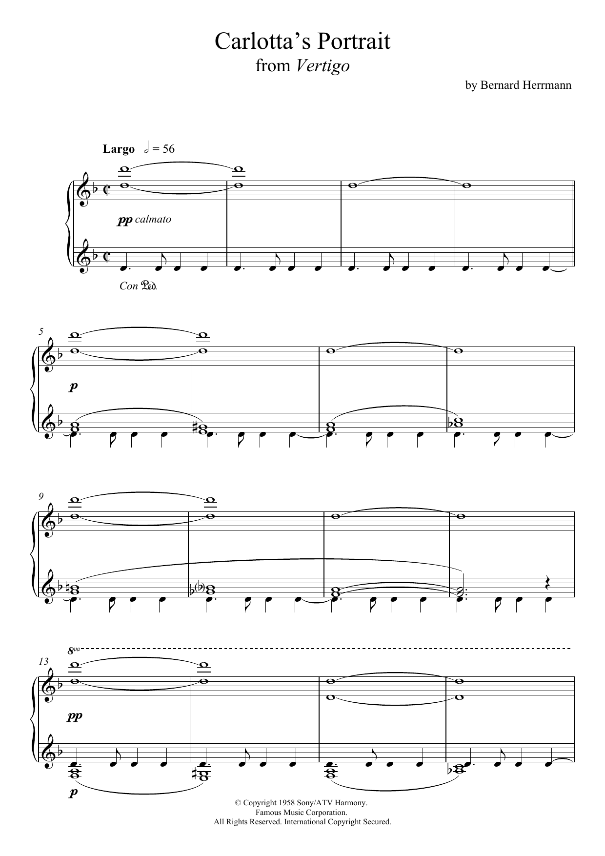 Bernard Herrmann Carlotta's Portrait From Vertigo Sheet Music Notes & Chords for Piano - Download or Print PDF