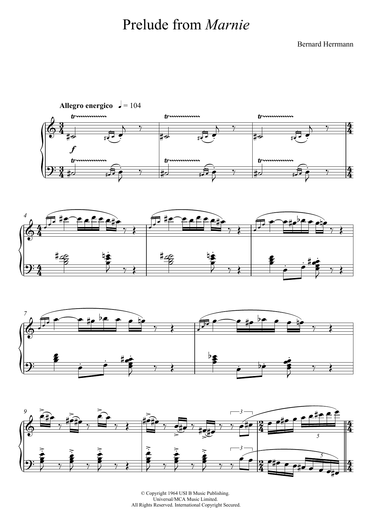 Bernard Herrmann Prelude From Marnie Sheet Music Notes & Chords for Piano - Download or Print PDF