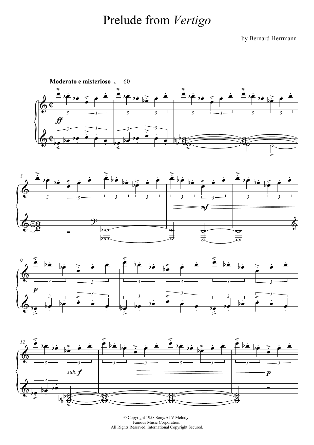Bernard Herrmann Prelude From Vertigo Sheet Music Notes & Chords for Piano - Download or Print PDF
