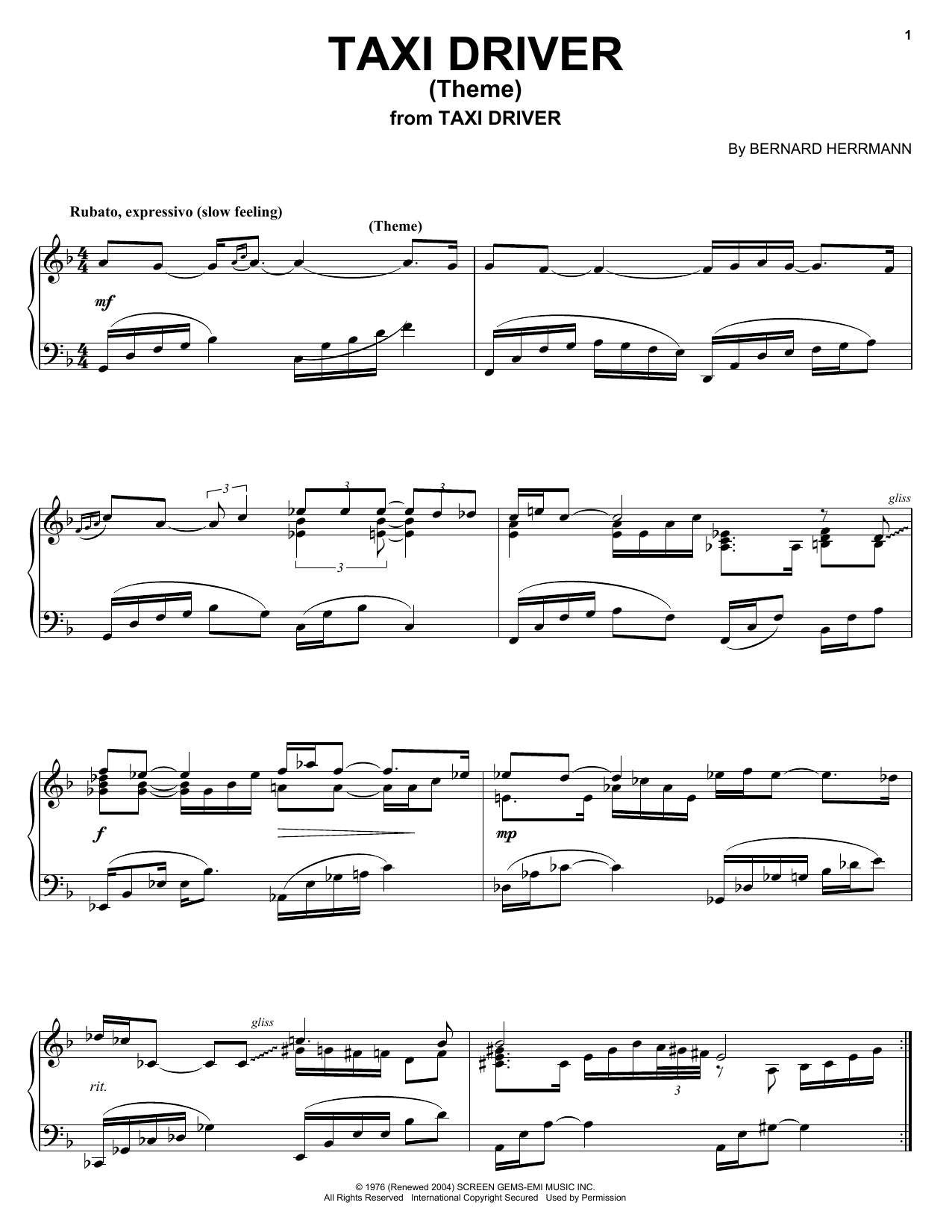 Bernard Herrmann Taxi Driver (Theme) Sheet Music Notes & Chords for Piano - Download or Print PDF