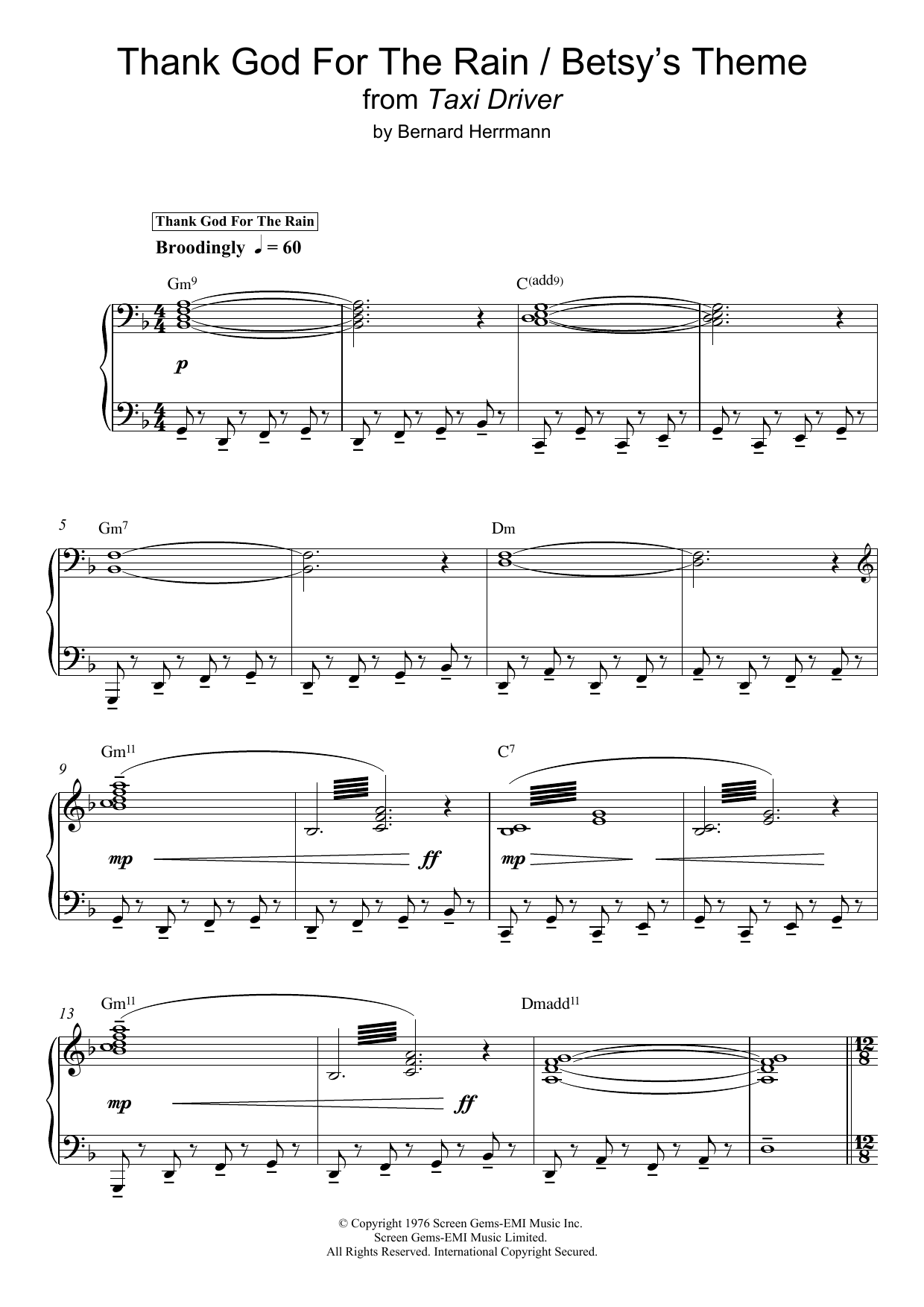 Bernard Herrmann Thank God For The Rain / Betsy's Theme (from Taxi Driver) Sheet Music Notes & Chords for Piano - Download or Print PDF