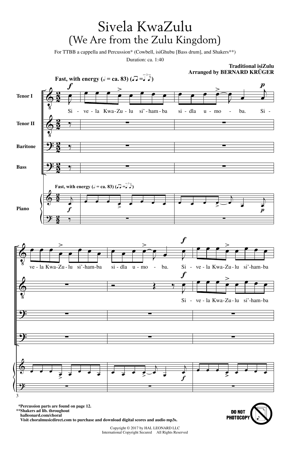Bernard Krüger Sivela Kwazulu Sheet Music Notes & Chords for TTBB - Download or Print PDF