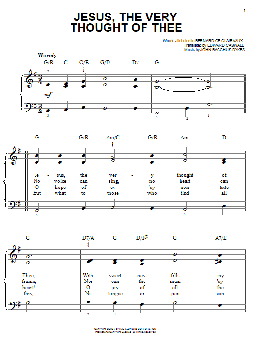 Bernard of Clairvaux Jesus, The Very Thought Of Thee Sheet Music Notes & Chords for Easy Piano - Download or Print PDF