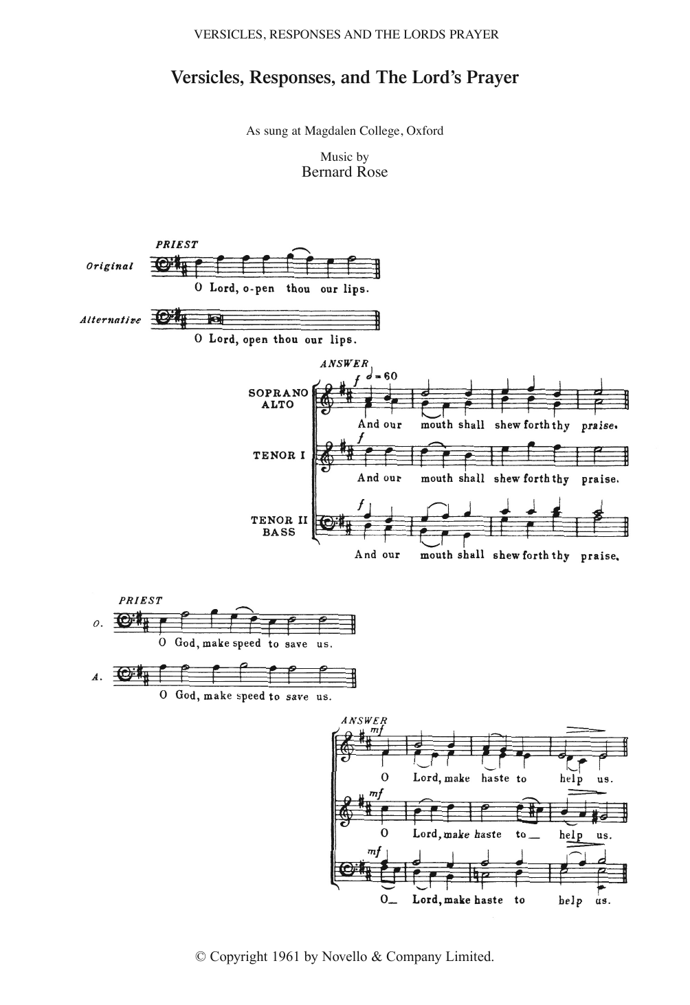 Bernard Rose Versicles, Responses And The Lord's Prayer Sheet Music Notes & Chords for Piano, Vocal & Guitar - Download or Print PDF