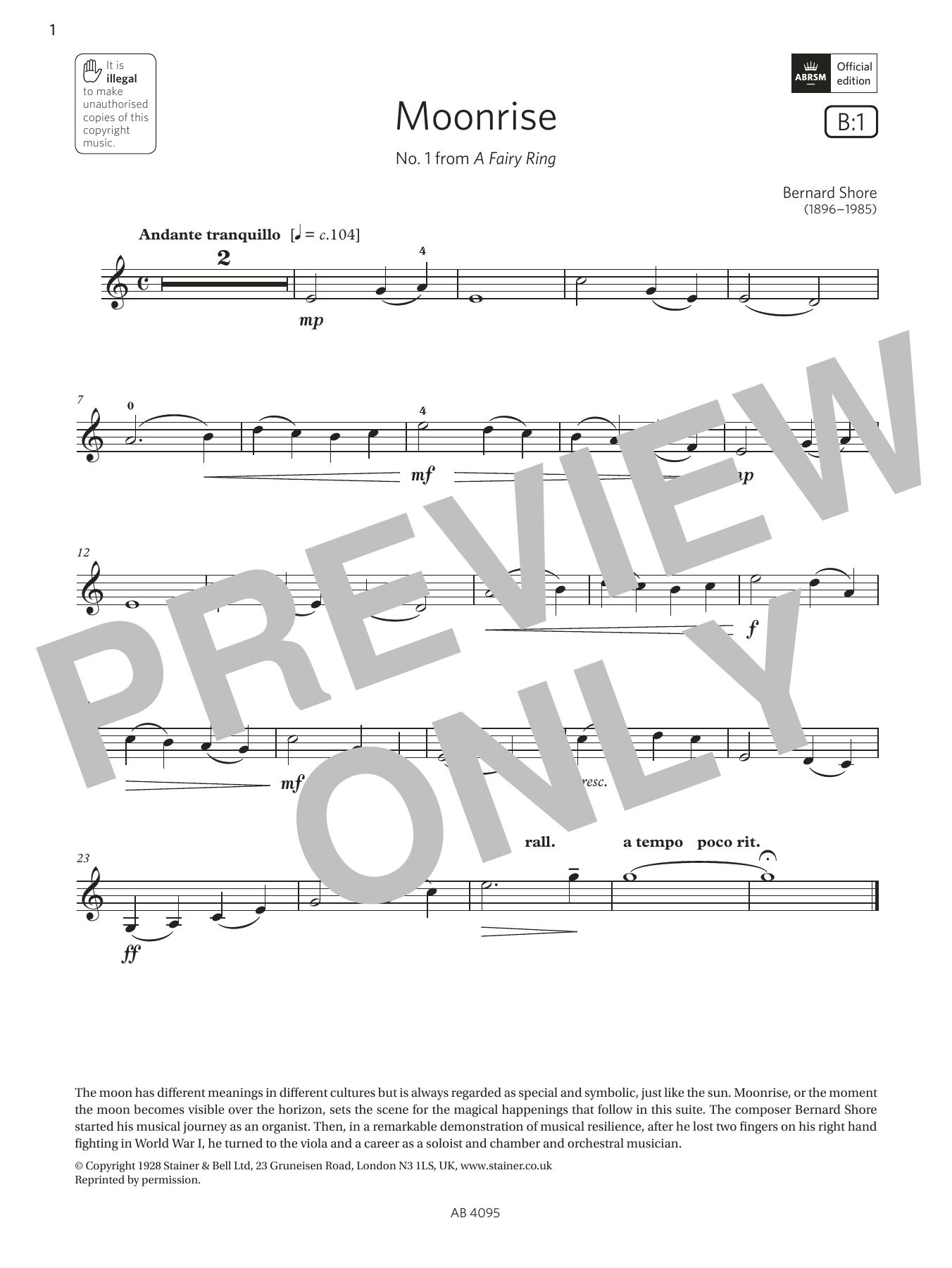 Bernard Shore Moonrise (Grade 1, B1, from the ABRSM Violin Syllabus from 2024) Sheet Music Notes & Chords for Violin Solo - Download or Print PDF