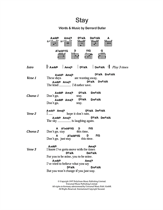 Preview Bernard Butler Stay Indie sheet music, notes and chords for Piano, Vocal & Guitar (Right-Hand Melody), SKU: 18584 sheet music, piano notes, chords, guitar tabs, score, transpose, transcribe, how to play, guide, download, learn, tutorial, progression, song, artist, awards, billboard, mtv, vh1, tour, single, album, release
