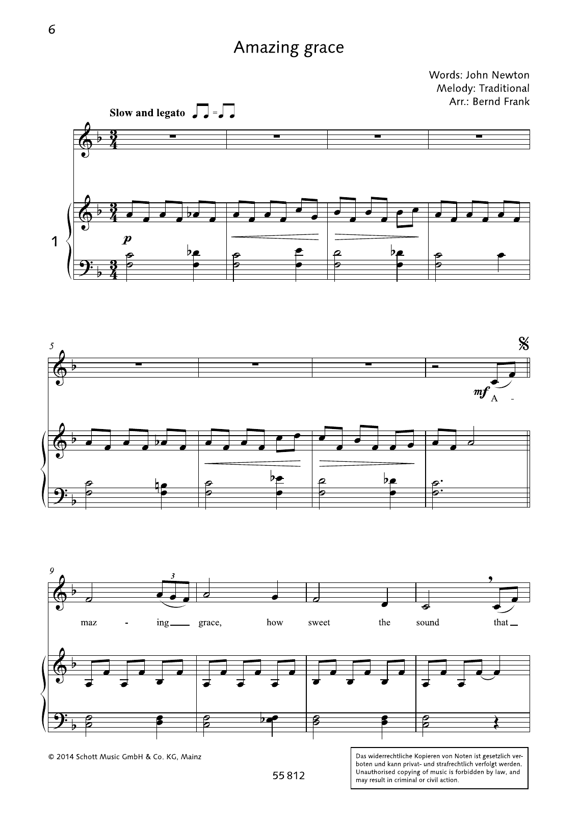 Preview Bernd Frank Amazing Grace Gospel sheet music, notes and chords for Piano & Vocal, SKU: 363602 Amazing Grace sheet music